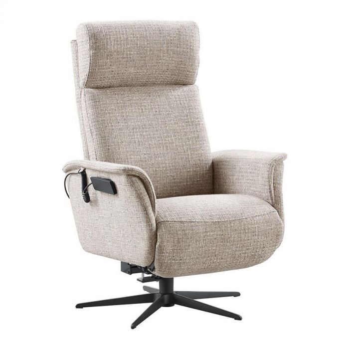 INHOUSE relaxfauteuil Heranti L in grijze stof met sta-op functie, schuin vooraanzicht.