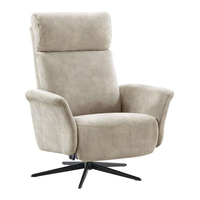 Relaxfauteuil Heranti S in grijs microleder met zwarte 5-teensvoet, schuin vooraanzicht.