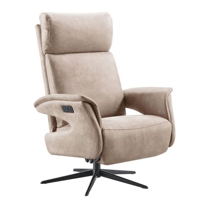 Relaxfauteuil Heranti in grijs microleder, schuin vooraanzicht met zicht op de armleuning en hoge rug.