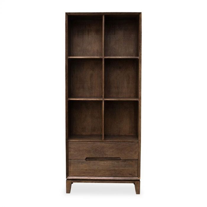 Boekenkast Cortez in Malta finish met zes open vakken en twee lades, frontaal gefotografeerd.