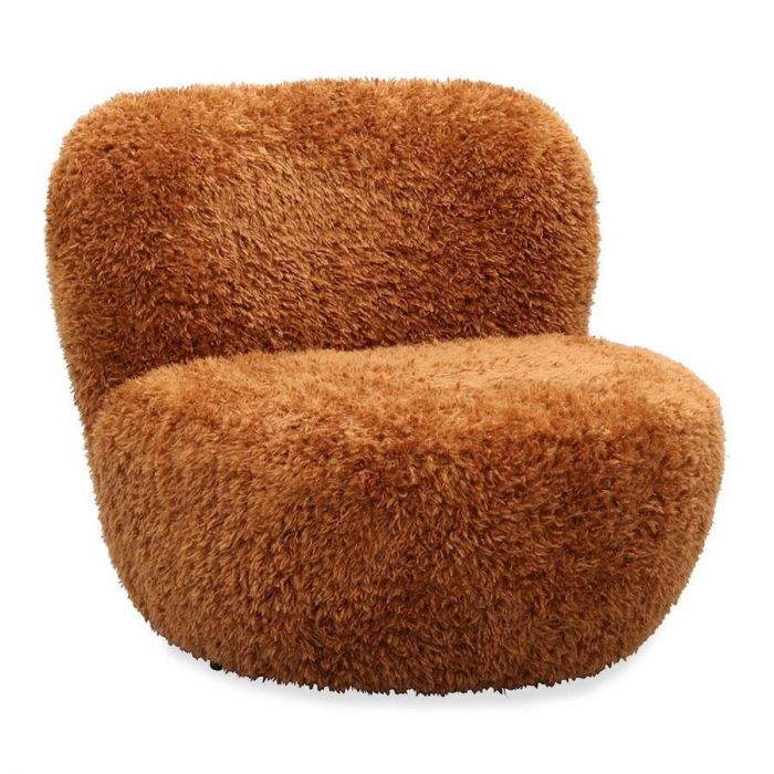 Draaifauteuil Bosa in teddy stof in de kleur koper, driekwart vooraanzicht.