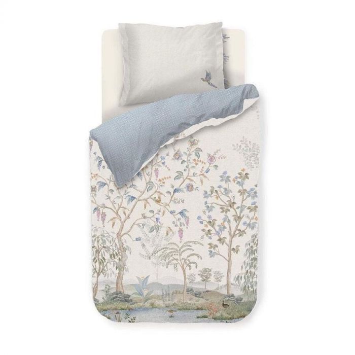 Eenpersoons dekbedovertrek Pip Studio Marakele in offwhite met natuurrijke print en blauwe achterzijde.