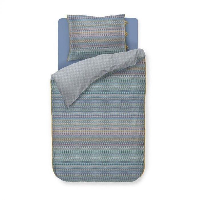 Eenpersoons dekbedovertrek Ashanti blue van Pip Studio met kleurrijk zigzagpatroon en tegelprint achterzijde.