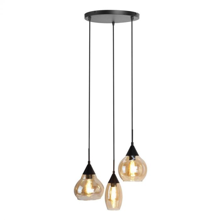 Pronto Wonen hanglamp Lungo 3-lichts amber met drie glazen kappen in verschillende vormen, hangend aan zwarte ophanging. 