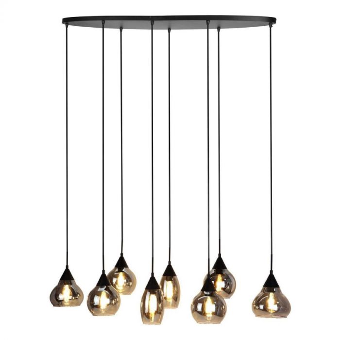 Pronto Wonen hanglamp Lungo 8-lichts smoke met acht glazen kappen in verschillende vormen, hangend aan zwarte plafondplaat.
