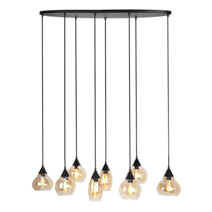 lungo hanglamp van pronto wonen met 8 verschillende bruine glazen lampjes aan zwarte snoeren. de lamp staat aan.