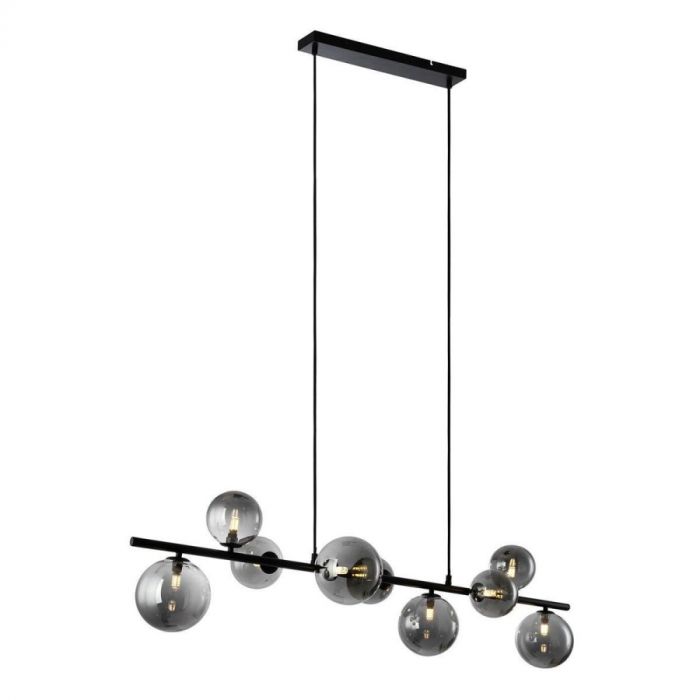 Pronto Wonen hanglamp Olivento 9-lichts in smoke glas met negen ronde glazen bollen op een zwarte balk, hangend aan twee kabels vanaf het plafond.