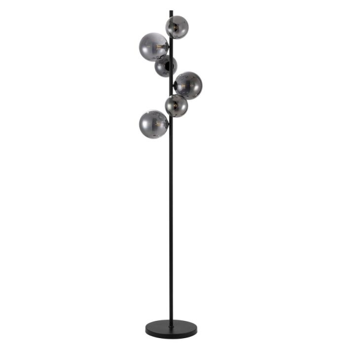 Pronto Wonen vloerlamp Olivento zwart met zes smoke glazen bollen op een slanke metalen staander en ronde voet.