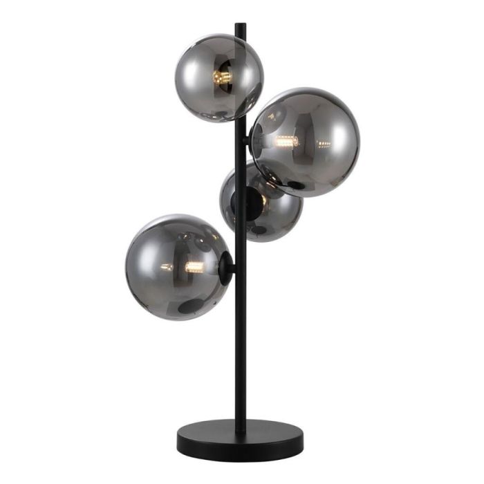 Pronto Wonen tafellamp Olivento zwart met vier smoke glazen bollen op een metalen staander met ronde voet, verspreidt warm licht.