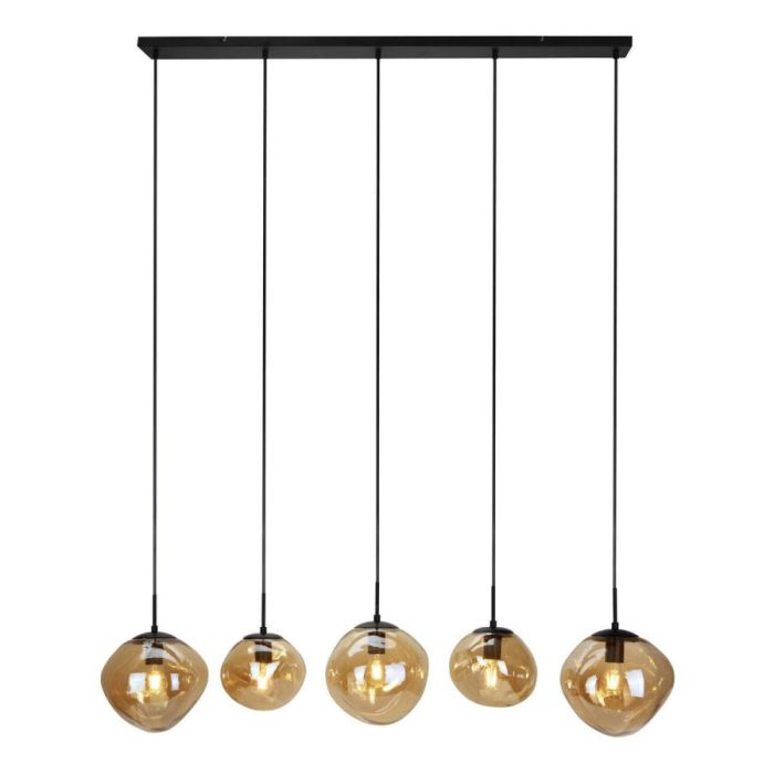 Pronto Wonen hanglamp Macato zwart met vijf amberkleurige glazen bollen aan zwarte snoeren, gezien vanaf de voorzijde.
