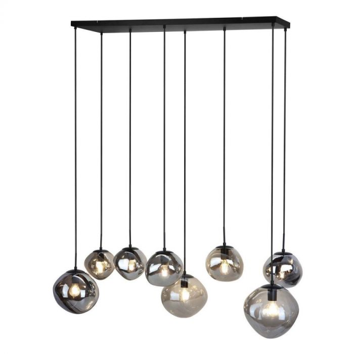 Pronto Wonen hanglamp Macato 8-lichts smoke met acht glazen kappen in verschillende hoogtes aan zwarte snoeren, met warme lichtbron.
