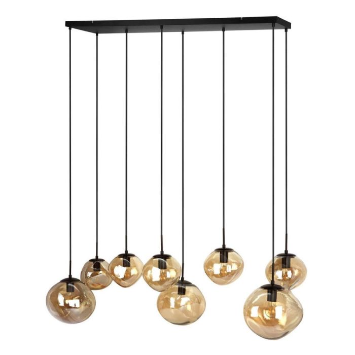 Pronto Wonen hanglamp Macato zwart met acht amberkleurige glazen bollen aan zwarte snoeren, gezien vanaf de voorzijde.