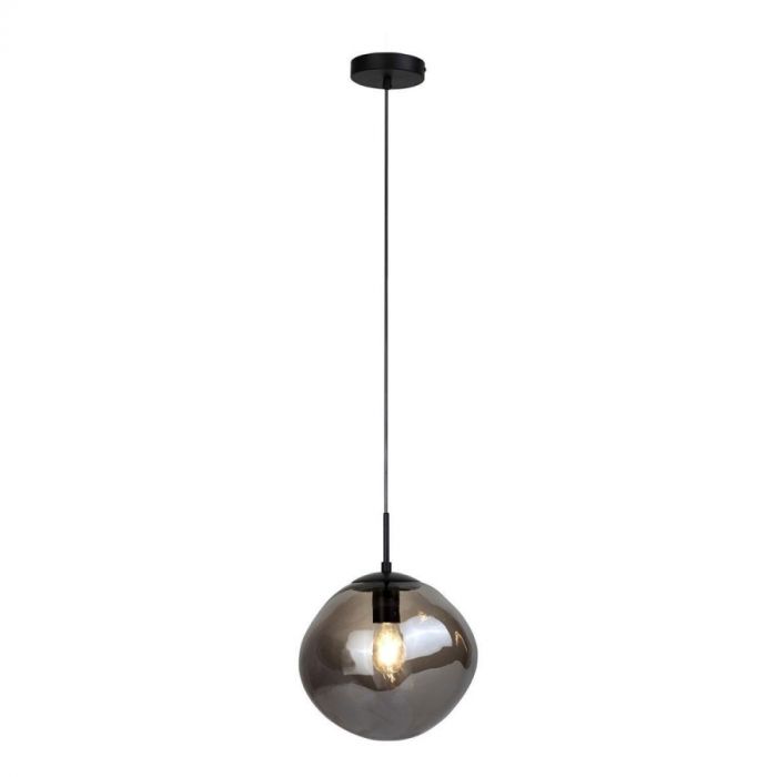 Pronto Wonen hanglamp Macato 1-lichts smoke met ronde rookglazen kap, zwart snoer en plafondplaat, verlicht met warme gloed.