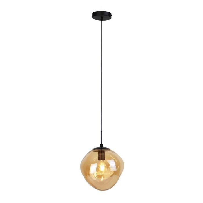 Pronto Wonen hanglamp Macato zwart met één amberkleurige glazen bol, 1-lichts uitvoering aan dun zwart snoer tegen witte achtergrond.