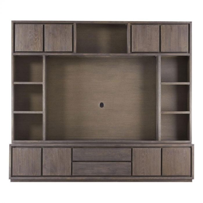 Voorzijde van de Pronto Wonen TV-kast Lavio in grafiet eikenhout met gesloten deuren en lades.