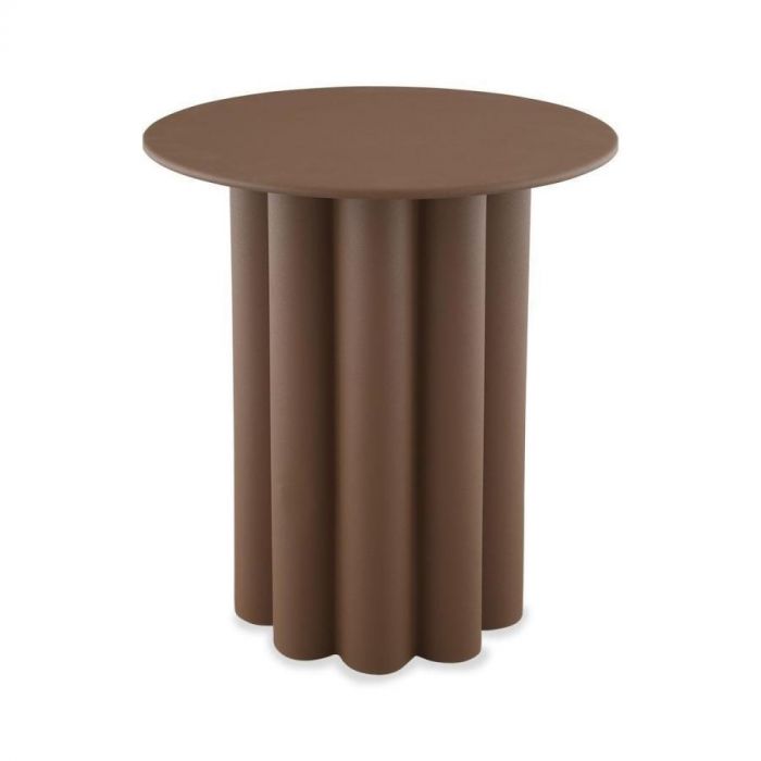 Bruine metalen bijzettafel Easdale met uniek golvend onderstel dat lijkt op geplooide stof en een rond tafelblad.