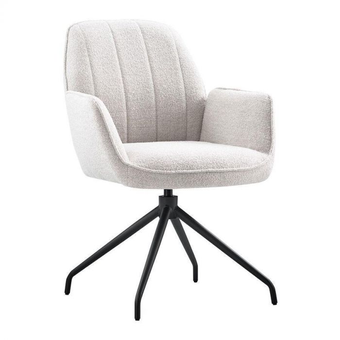 Eetkamerstoel Mirana in ivoor met zwarte metalen poten en verticale stiknaden.