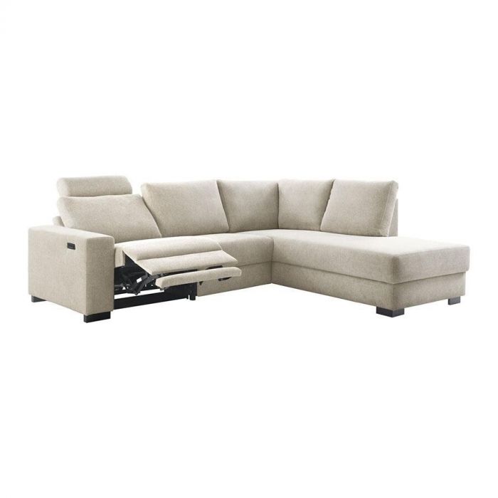 Pronto Wonen Hoekbank Florance zandbeige, schuin vooraanzicht met relaxfunctie en comfortabele HR koudschuim zitting.