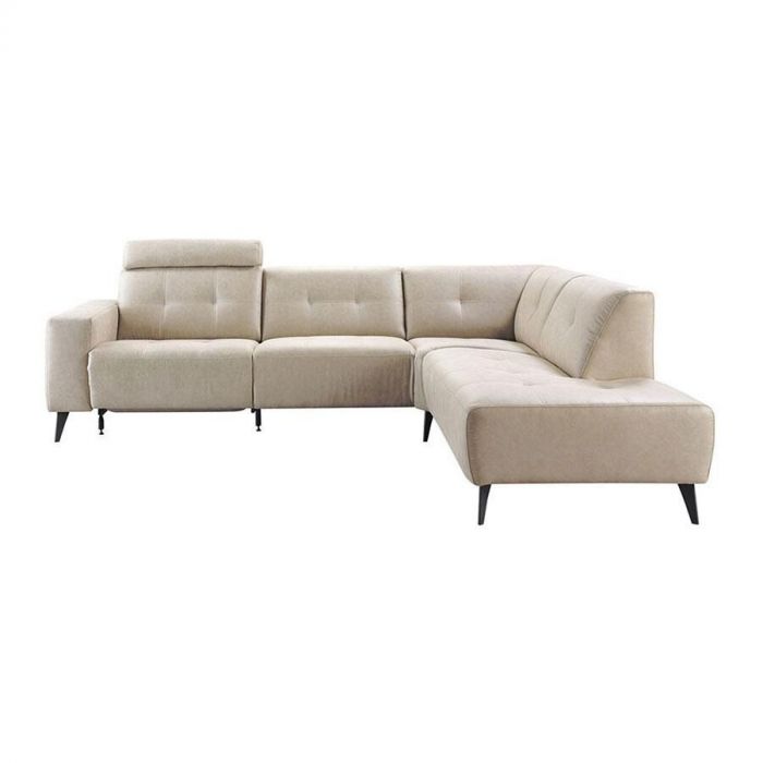 Pronto Wonen Hoekbank Piorino lichtgrijs, schuin vooraanzicht met verstelbare hoofdsteun en elegante, hoge zwarte poten.