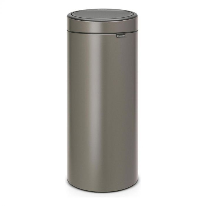 grijze prullebak van brabantia met touch bin deksel en zwart logo aan de voorkant.