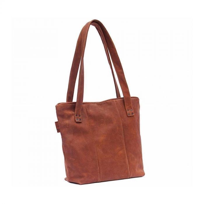 Chindu tas van Label Base-X in cognacbruin yak leer met lange hengsels.