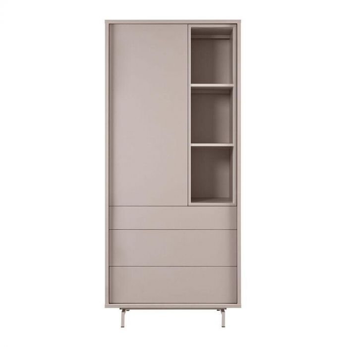 Strakke, gesloten opbergkast Famosa in stone grey met asymmetrisch open vak aan de rechterzijde en drie ruime lades onderin.