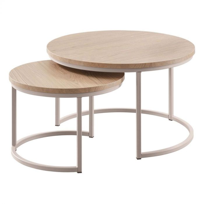 Pronto Wonen Salontafelset Lunata Misty Oak met twee ronde tafels van verschillend formaat en modern metalen onderstel.