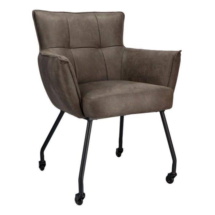 Donkergrijze eetkamerstoel Novile met armleuningen, microleder bekleding en zwarte metalen poten met wieltjes.