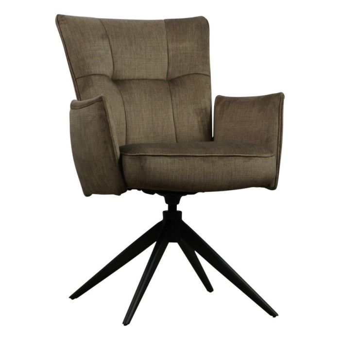 Draaibare armstoel Walori in taupe stof met hoge rug en zwarte metalen sterpoot, vooraanzicht tegen witte achtergrond