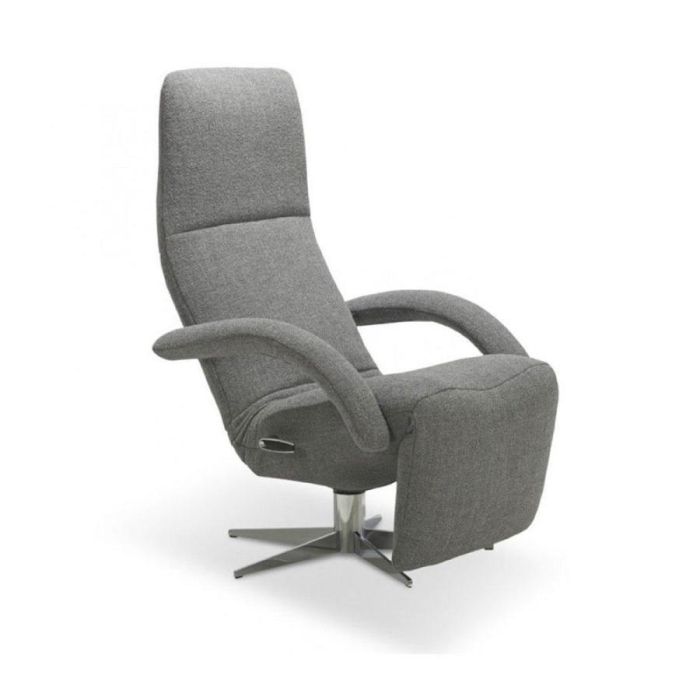 JORI Relaxfauteuil Yoga in grijze stof met metalen kruisvoet, verstelbare rug en voetensteun, schuin vooraanzicht.