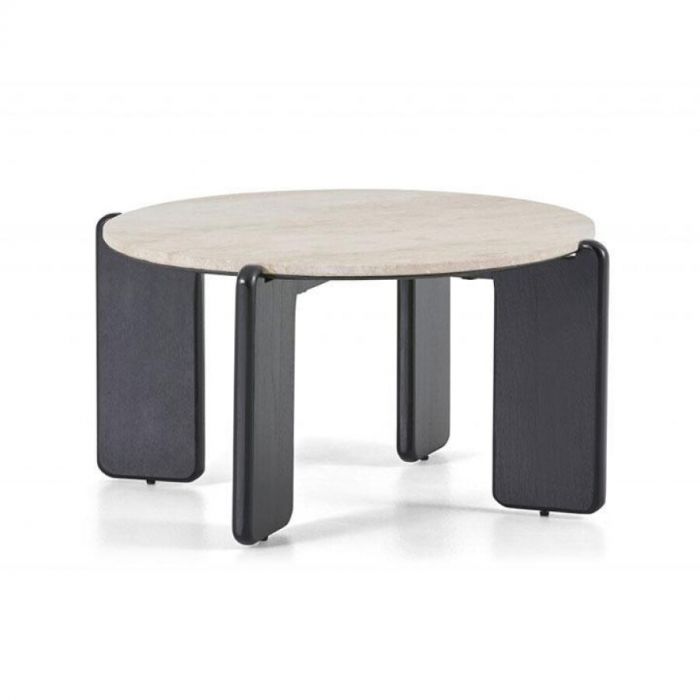 Een Montèl Salontafel Molly met een rond tafelblad van licht marmer en vier zwarte, afgeronde houten poten die een elegante uitstraling geven.