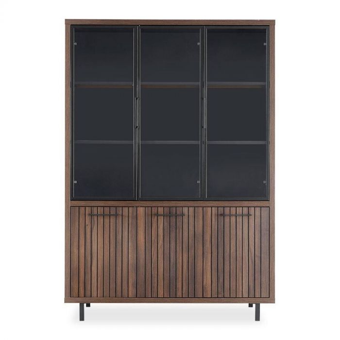 Vitrinekast Tenino met drie glazen deuren en drie houten deuren, donkerbruin met retro design.
