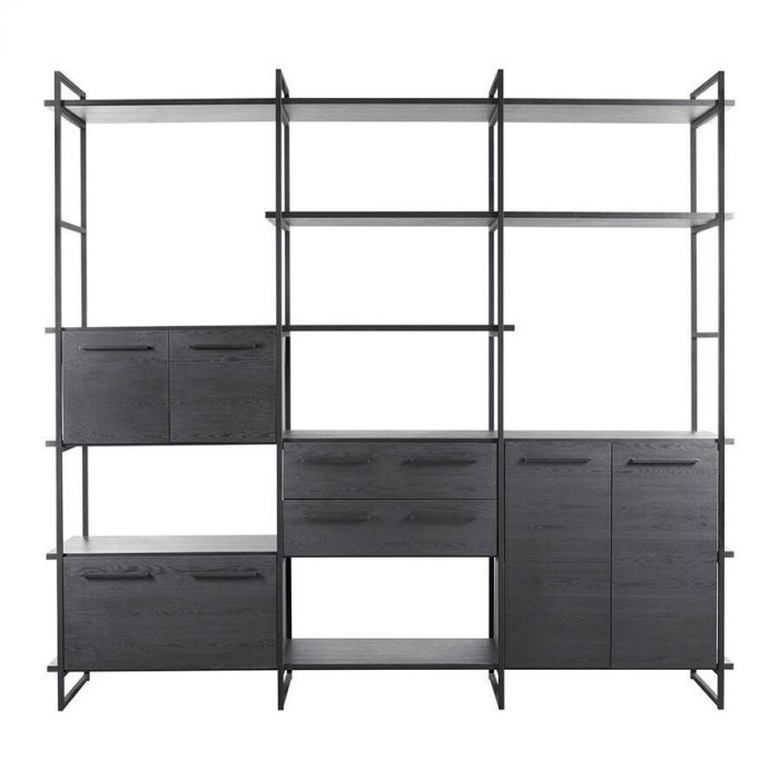 Pronto Wonen Wandkast Sistema zwart, strak ontwerp met open vakken en gesloten opbergruimtes.