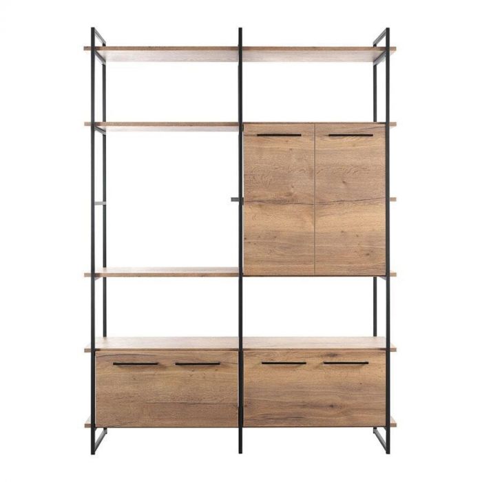 Pronto Wonen Wandkast Sistema barley bruin, recht van voren met open vakken en gesloten kastdeuren.