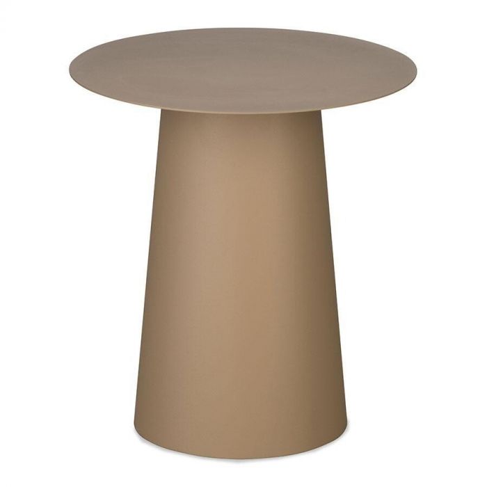 Zandkleurige ronde bijzettafel Tozawa van metaal met strak minimalistisch ontwerp.