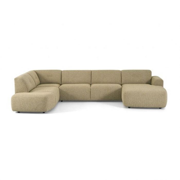 Rechte frontale weergave van de Montèl hoekbank Mova in zandkleurige stof, bestaande uit meerdere modulaire zitdelen met ronde vormen.