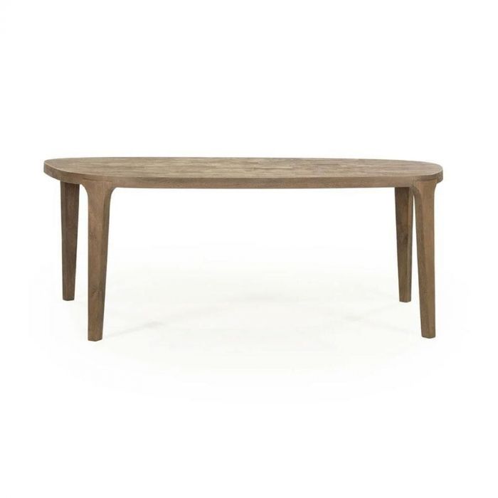 Eettafel Taylor van Eleonora van voren gezien, gemaakt van mangohout met afgerond blad en slanke poten in natuurlijke houtkleur.