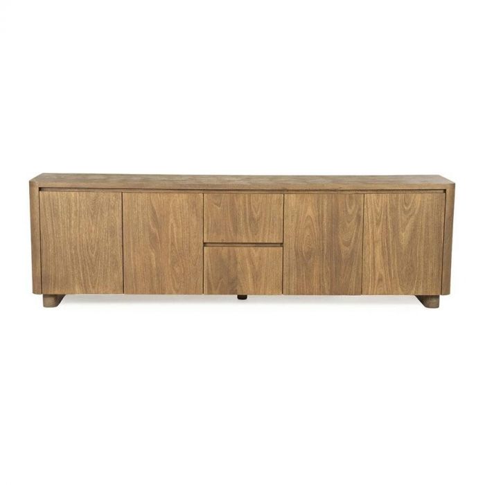 TV-meubel Edward van Eleonora in mangohout, met 4 deuren en 2 lades, recht van voren gefotografeerd.