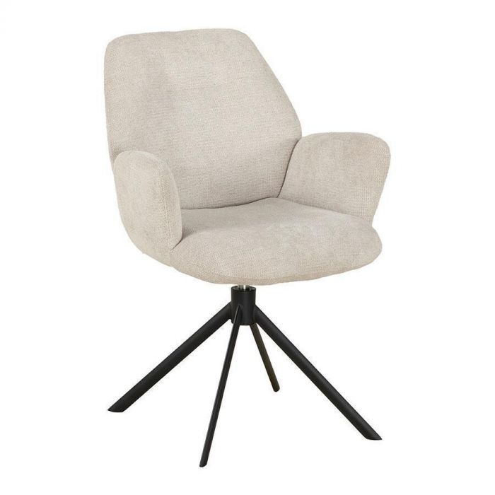 Pronto Wonen eetkamerstoel Loranzo in beige geweven stof, vooraanzicht met zwart metalen draaibaar onderstel.