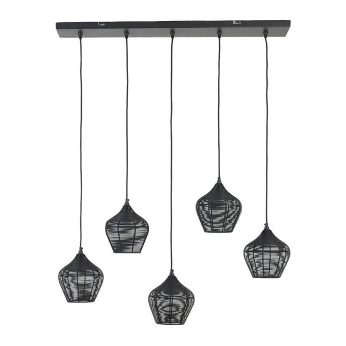 Bendigo hanglamp in matzwart met vijf geweven metalen lampenkappen.