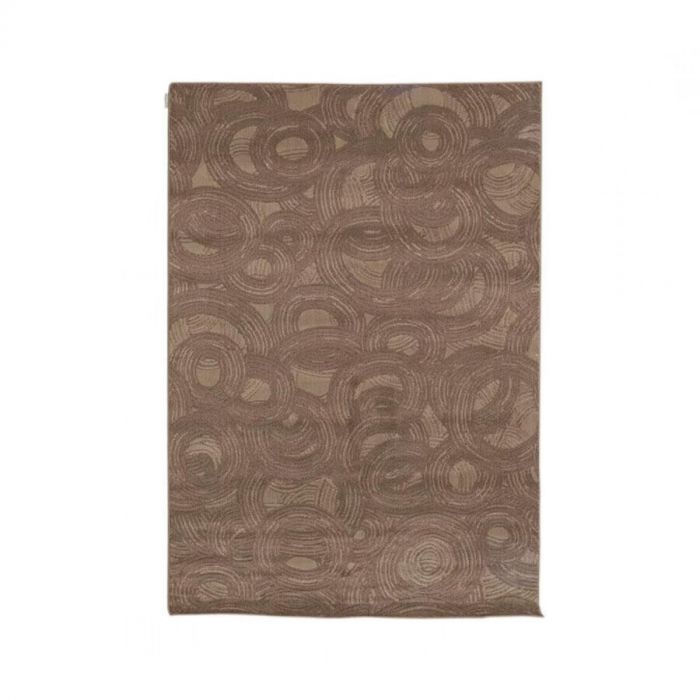 Vloerkleed Delfina in taupe kleur met een organisch cirkelpatroon, bovenaanzicht van het rechthoekige kleed van 200x290 cm.