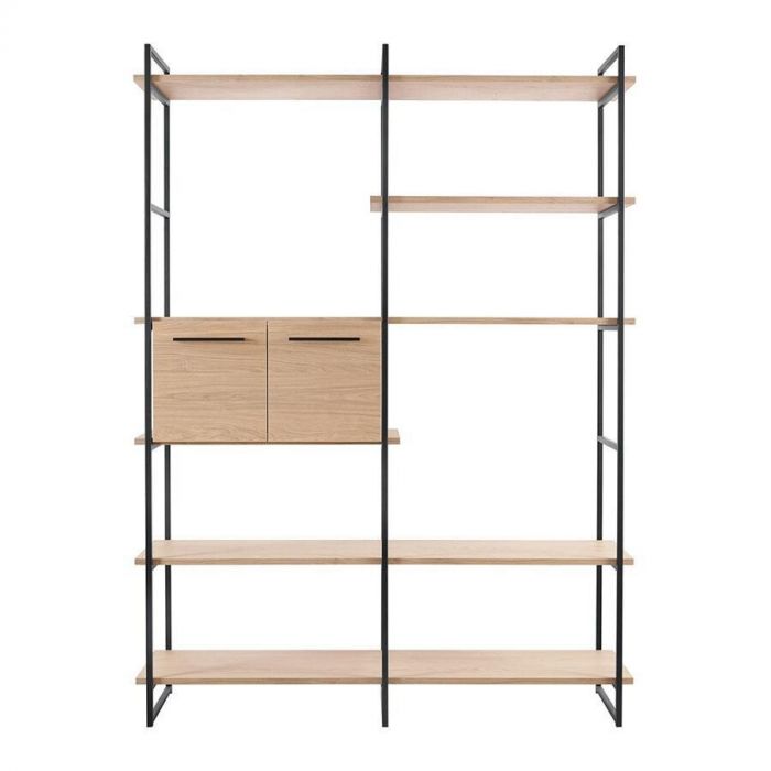 Pronto Wonen Wandkast Sistema Misty Oak, vooraanzicht met open vakken en twee gesloten kastdeuren, gecombineerd met een zwart metalen frame.