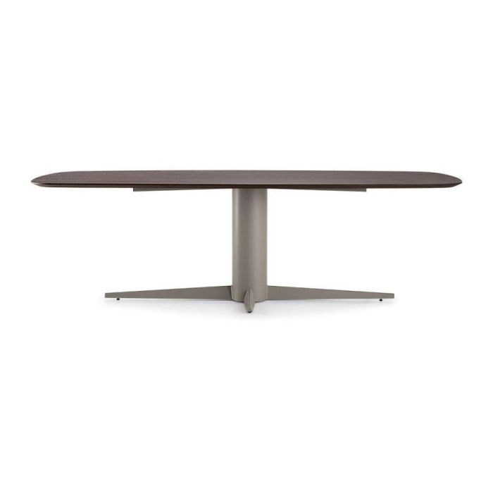 Eettafel Dutchz 4000 met ovaal eiken blad en metalen poot in kwartsgrijs, gefotografeerd recht van voren tegen een witte achtergrond.