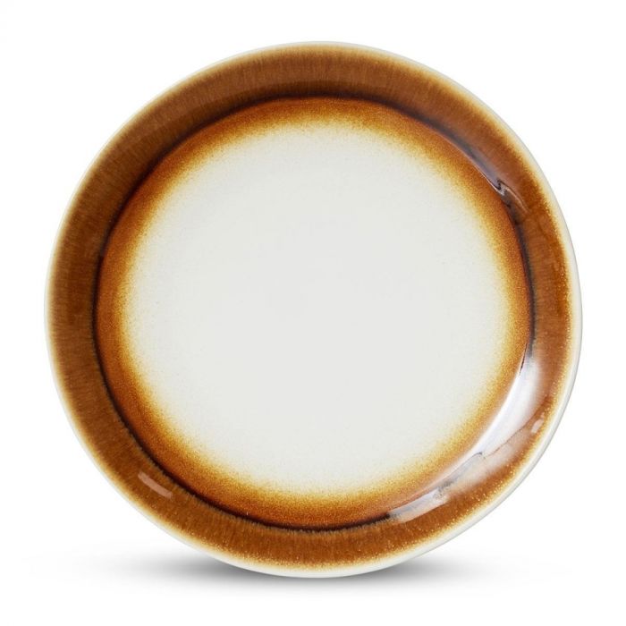 HKLIVING 70s Ceramics dinerbord Supernova met witte kern en bruine rand.