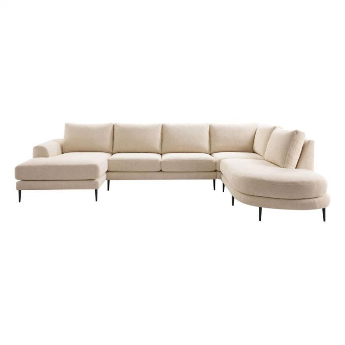 Pronto Wonen Hoekbank Aziri Ecru in royale u-opstelling met zwarte poten, bekleed met zachte ecru stof.