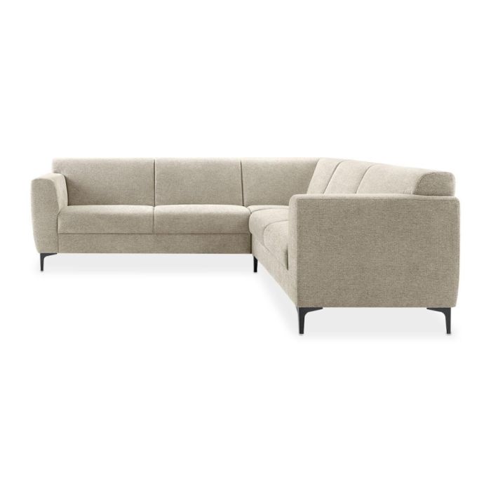 Crèmekleurige hoekbank Ridgway met zwarte metalen poten in een ruime L-vorm, bekleed met gemêleerde weefstof.