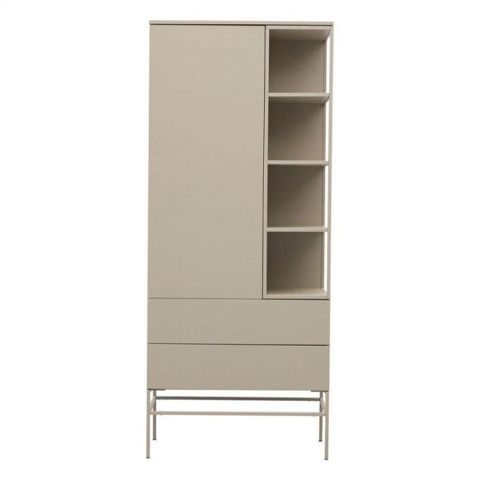 Trendhopper wandkast Desio in Stone Grey, gezien van voren met open en gesloten vakken en metalen pootconstructie.