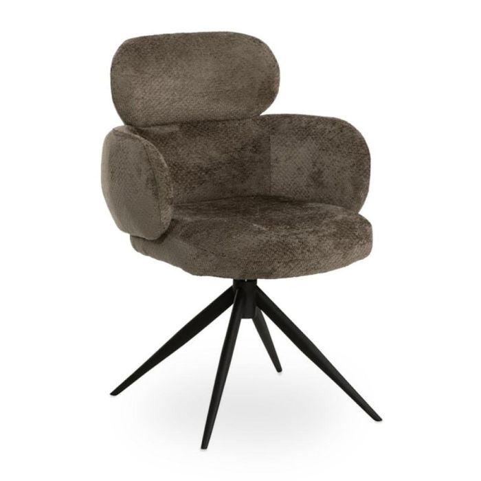 Eetkamerstoel Philou in taupe stof met zwarte metalen poten – schuin vooraanzicht.