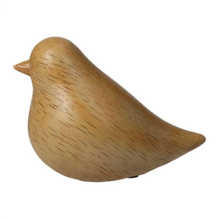 Houten vogelornament van Kersten in naturel kleur, zijaanzicht met zicht op de ronde vormen en houtnerfstructuur.