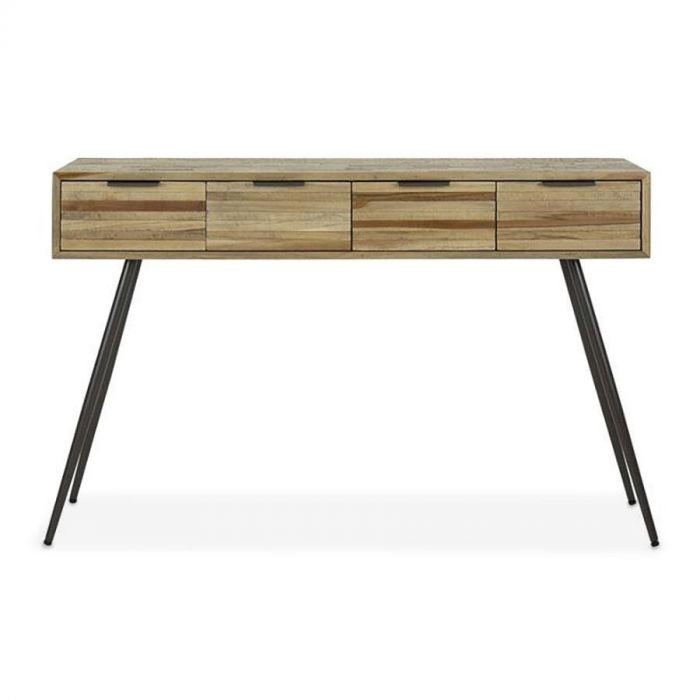 Haltafel Strip van verweerd teakhout met vier lades en zwarte metalen poten, recht van voren gefotografeerd.